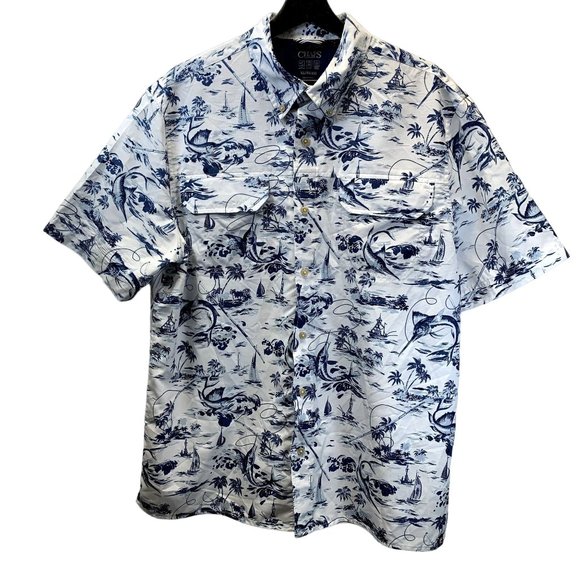 Chaps Shirt Mens XL White Blue Fish Print UPF50+ Hawaiian Fishing Button Down - Picture 1 of 11